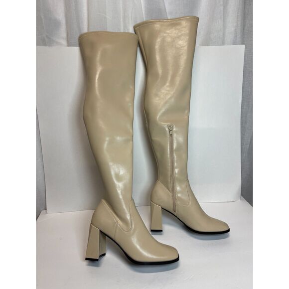 Nordstrom Open Edit Cream Knee-High Block Heel Boots - Size 7M - Picture 1 of 9